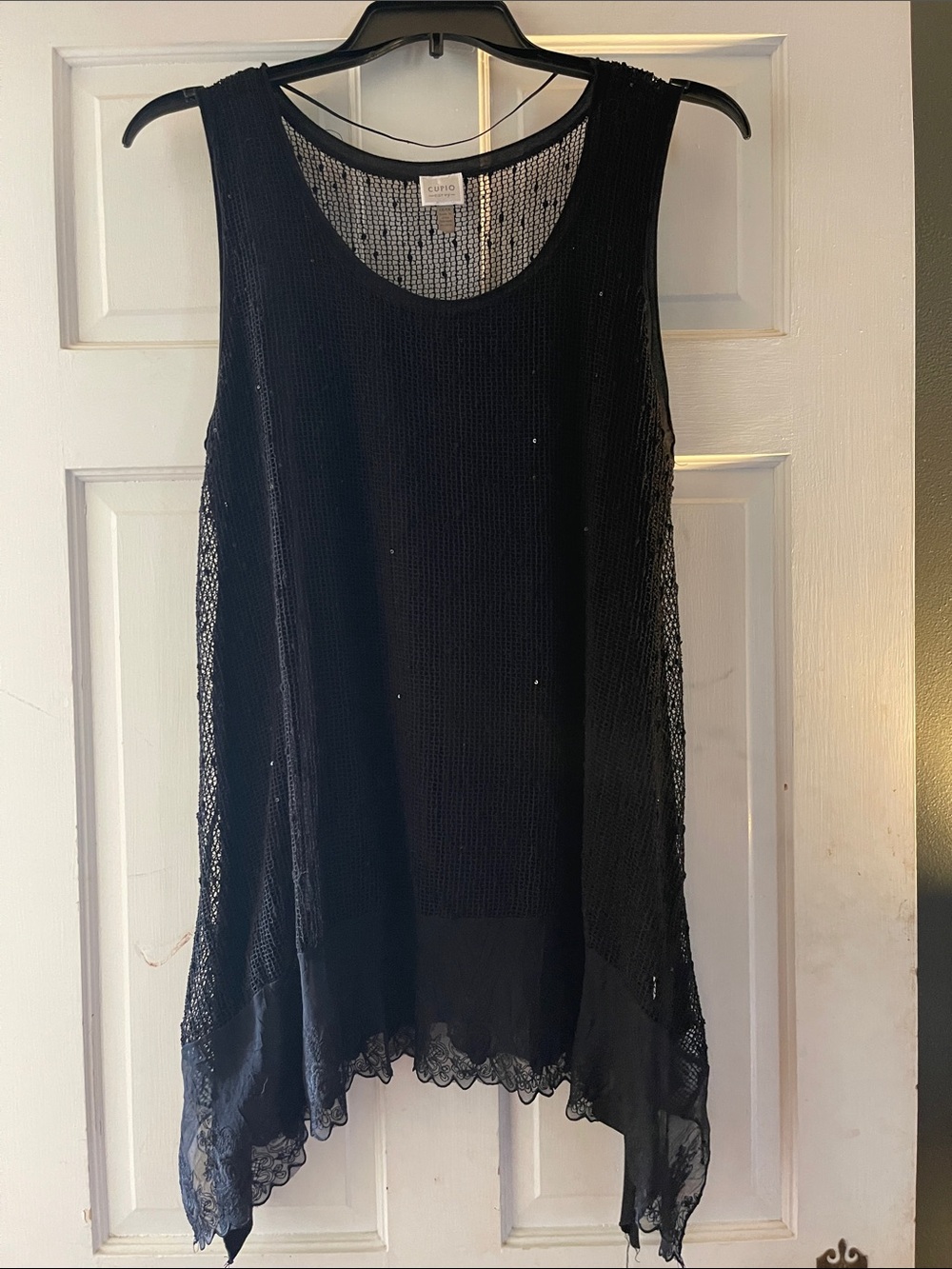 Cupio Black Sheer Knit Tank with Lace Hem